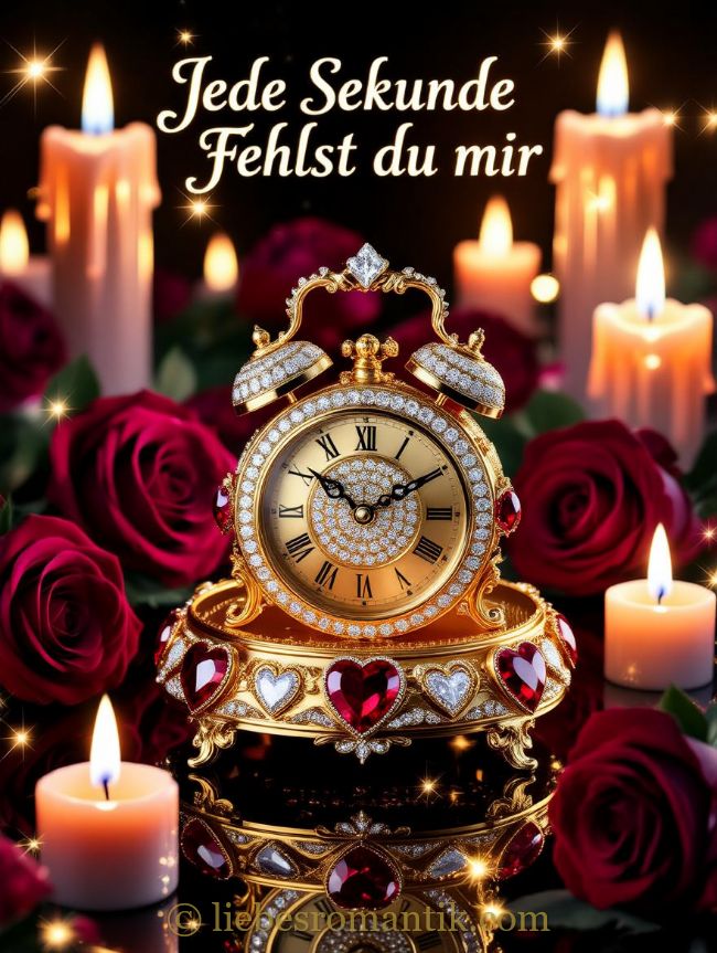 Goldener Herzwecker mit Diamanten, vor Rosen und Kerzen, trägt die Inschrift „Jede Sekunde Fehlst du mir“.