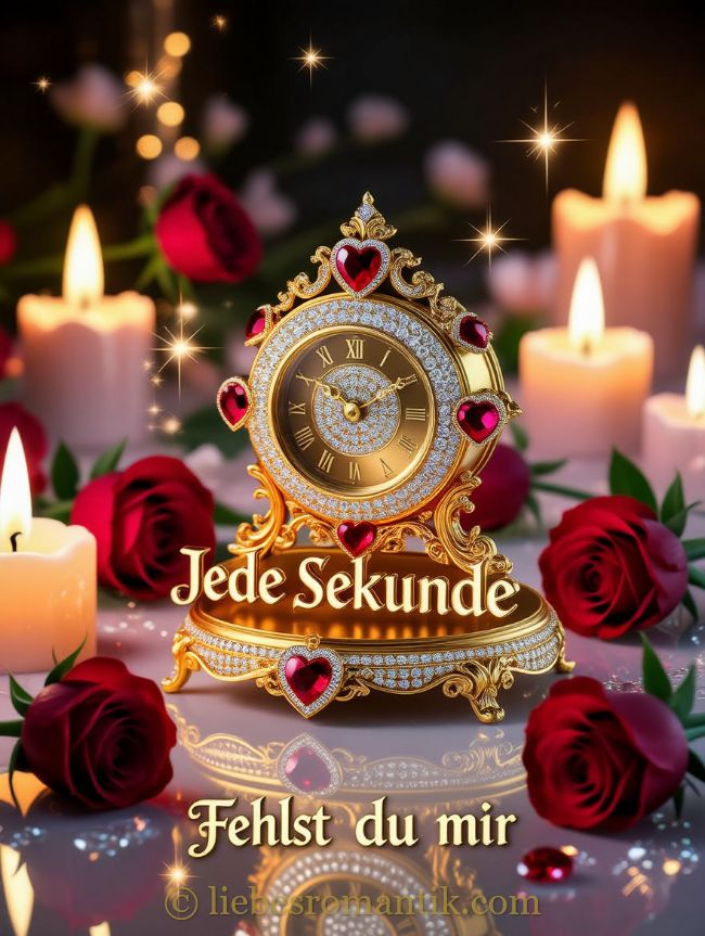 Goldener Uhrenschmuck mit Edelsteinen, umgeben von Rosen und Kerzen, mit Text „Jede Sekunde Fehlst du mir“.