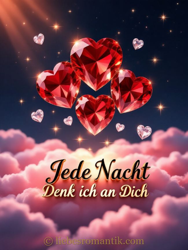 Glitzernde rote Herzen schweben vor sternklarem Himmel mit rosa Wolken und der Aufschrift „Jede Nacht Denk ich an Dich“.
