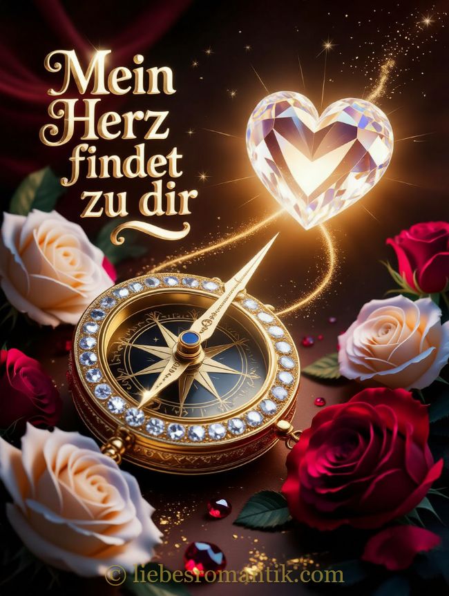 Goldener Kompass mit Diamant-Herz, umgeben von Rosen, Text: „Mein Herz findet zu dir“