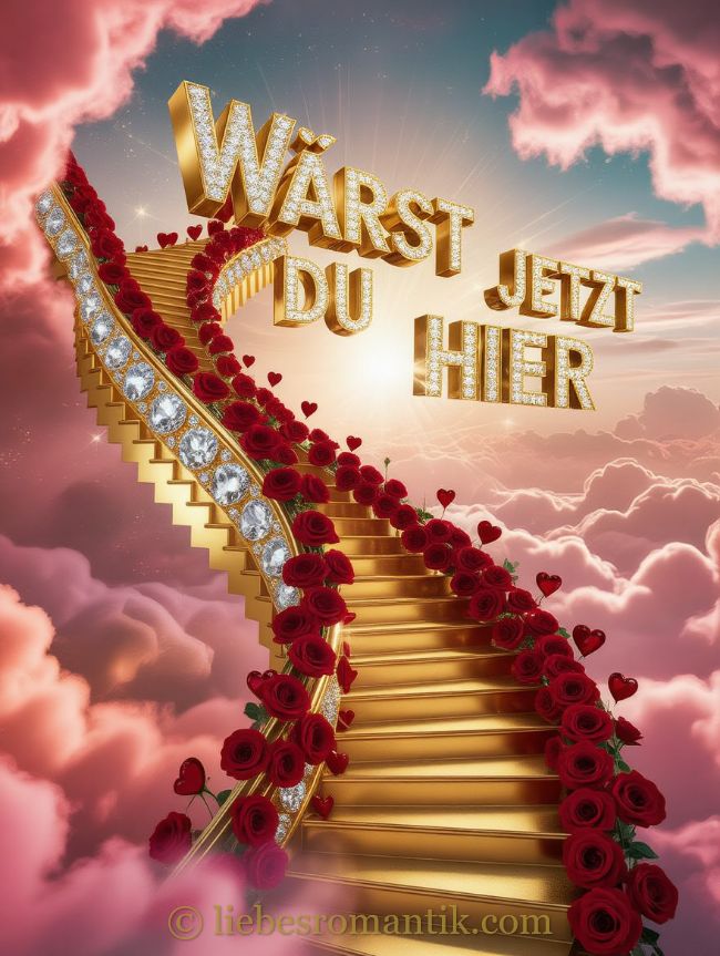 Goldene Treppe mit Rosen und Diamanten führt zu himmlischem Schriftzug.
