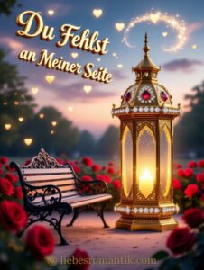 Goldene Laterne mit Kerze neben schmiedeeiserner Bank; rosengarten, fliegende Herzen im Himmel