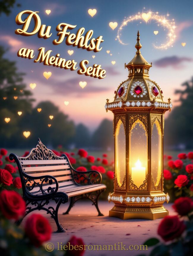 Goldene Laterne mit Kerze neben schmiedeeiserner Bank; rosengarten, fliegende Herzen im Himmel