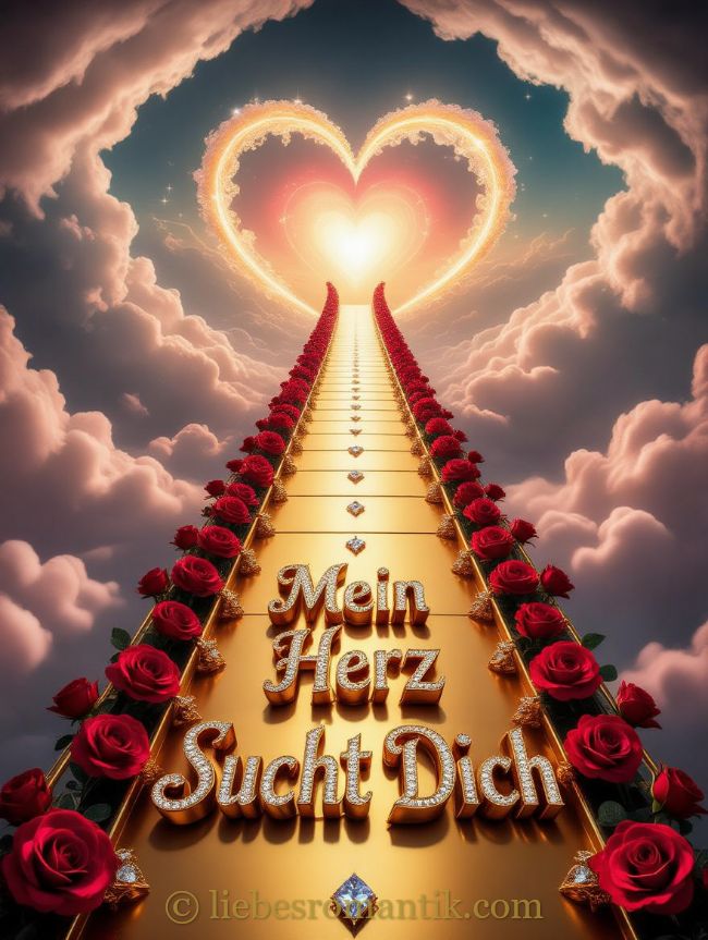 Goldener Pfad mit Rosen führt zu einem leuchtenden Herzen; Schrift: „Mein Herz Sucht Dich“