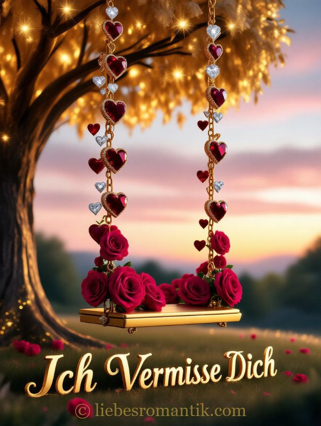 Goldener Schaukelstuhl mit Rosen und Steinherzen, romantischer Sonnenuntergang im Hintergrund.