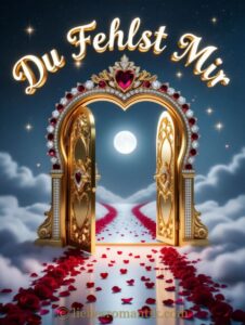 Offene goldene Herz-Tür führt zu einem Rosenblütenweg unter Sternenhimmel.