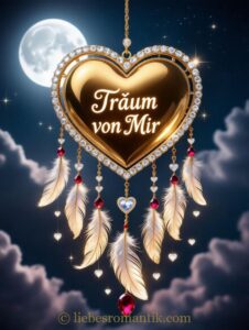 Goldener Dreamcatcher mit Herz und Edelsteinen hängt vor nächtlichem Himmel mit Mond und Sternen.