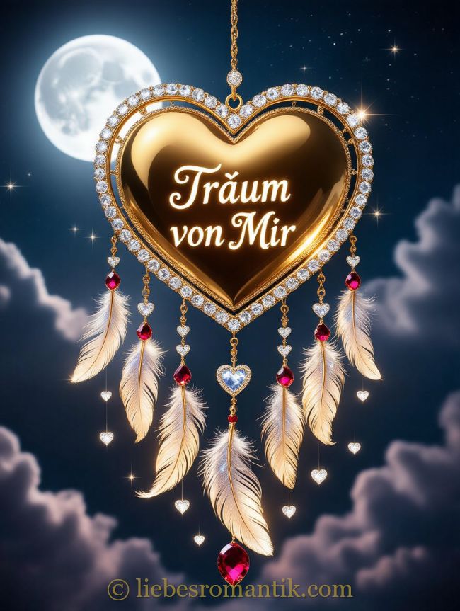 Goldener Dreamcatcher mit Herz und Edelsteinen hängt vor nächtlichem Himmel mit Mond und Sternen.