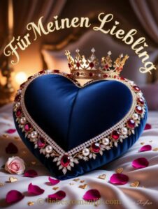 Blauvelvet-Herz mit Diadem und Rosenblättern, Aufschrift „Für Meinen Liebling“