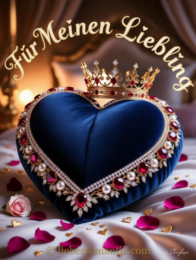 Blauvelvet-Herz mit Diadem und Rosenblättern, Aufschrift „Für Meinen Liebling“