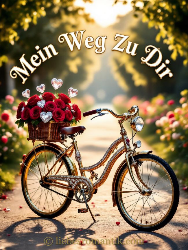 Goldfarbenes Fahrrad beladen mit Rosen und Lichtern, umgeben von Blumen und Sonnenlicht.