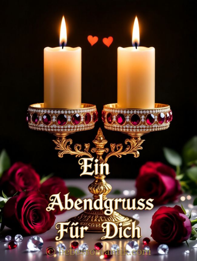 Zwei brennende Kerzen auf goldenem Halter, umgeben von Rosen und Kristallen, mit schwebenden Herzen.