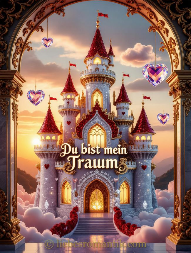 Schloss mit roten Zinnen und goldenen Details, Herz-Kristalle schweben, Schriftzug „Du bist mein Traum“