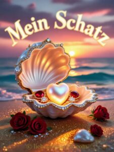 Geöffneter Muschel Schatz mit Herzperlen und roten Edelsteinen auf sandigem Strand bei Sonnenuntergang, umgeben von roten Rosen.