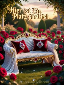Prächtiger goldverzierter Sessel mit roten Kissen im romantisch beleuchteten Rosenpark.