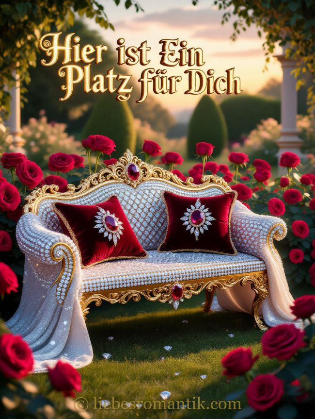 Prächtiger goldverzierter Sessel mit roten Kissen im romantisch beleuchteten Rosenpark.