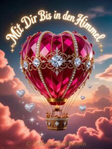 Prächtiger herzförmiger Heißluftballon mit Kristall und Diamanten schwebt vor rosa Wolken und goldenen Herzen.