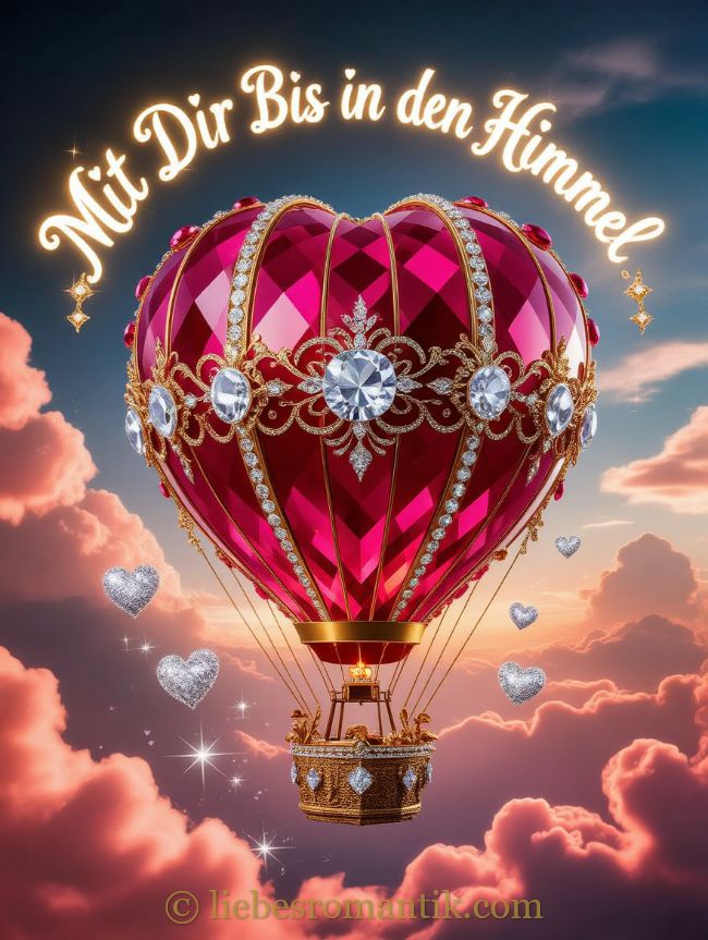 Prächtiger herzförmiger Heißluftballon mit Kristall und Diamanten schwebt vor rosa Wolken und goldenen Herzen.