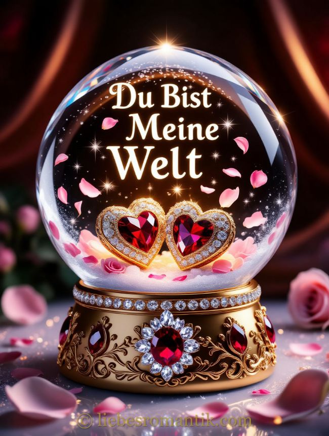Goldene Schneekugel mit Herzsteinen, Rosenblättern und Sternen. Aufschrift: „Du Bist Meine Welt“.