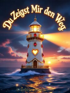 Schmuckverzierter Leuchtturm mit Herz- und Edelstein-Dekoration leuchtet warm im Sonnenuntergang, Strahl ins Wasser, orange-lila Wolken.