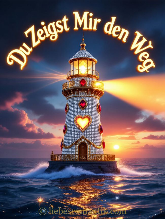 Schmuckverzierter Leuchtturm mit Herz- und Edelstein-Dekoration leuchtet warm im Sonnenuntergang, Strahl ins Wasser, orange-lila Wolken.