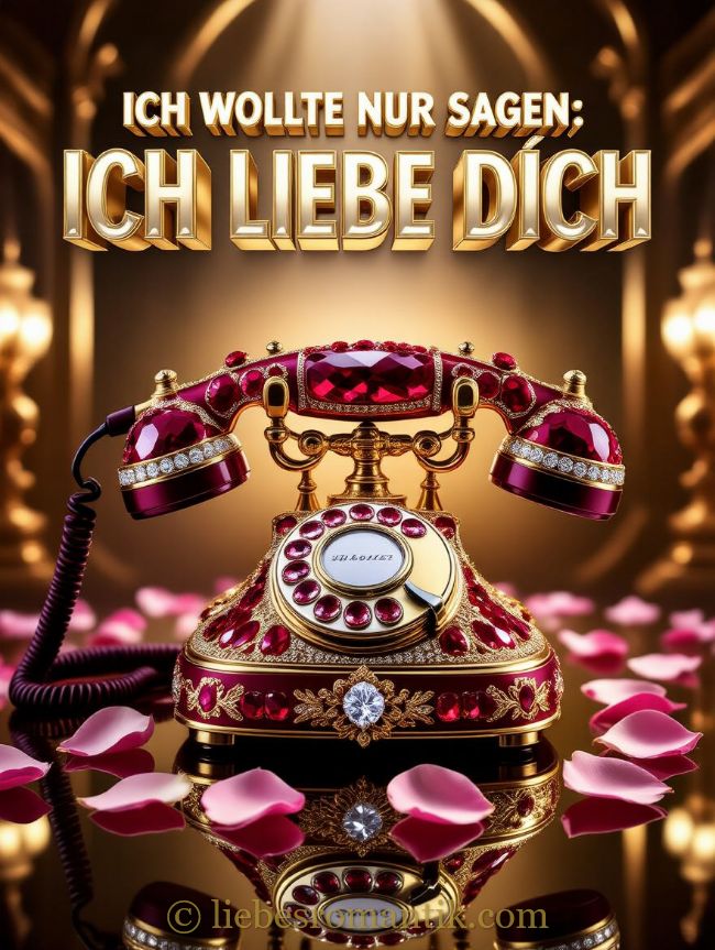 Goldenes Telefon mit Diamanten, umgeben von rosa Blütenblättern und Liebesgruß in Gold.