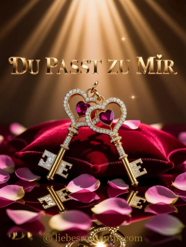 Zwei goldene Schlüssel mit Rubinen liegen auf rotem Samt, umgeben von Rosenblättern und der Aufschrift „DU PASST ZU MIR“.