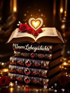 Buch „Unsere Liebesgeschichte“ mit Rosen und Herz auf edel verzierten Büchern.
