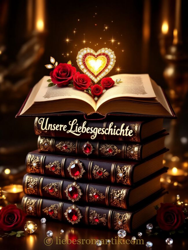 Buch „Unsere Liebesgeschichte“ mit Rosen und Herz auf edel verzierten Büchern.