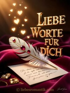 Goldener Federkiel mit Rubinen auf Brief, umgeben von fliegenden Herzen und Schriftzug „Liebe Worte für dich“.