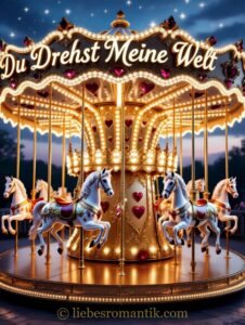 Goldener Karussell mit weißen Pferden, Sternenhimmel, Schriftzug „Du Drehst Meine Welt“ mit Herzen.