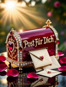Rot-goldener Briefkasten mit „Post Für Dich“, umgeben von Rosenblättern und Herz-Briefen.