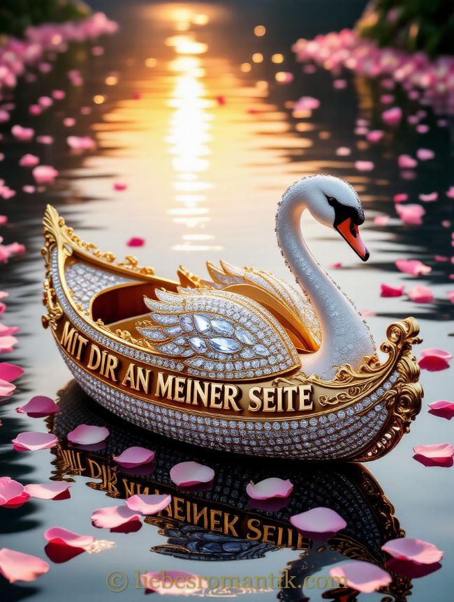 Goldenes Schwanschiff mit Diamanten, umgeben von rosa Blättern und Sonnenlicht. Aufschrift: „Mit dir an meiner Seite“.