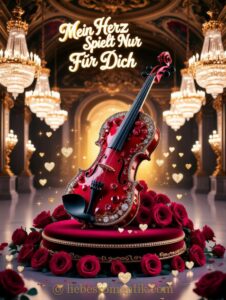 Roter Violin-Modell mit Juwelen und Rosen, Inschrift „Mein Herz Spielt Nur Für Dich“