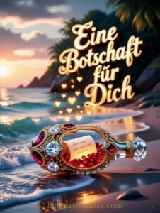 Fläschchen mit Edelsteinen und Nachricht, Strand bei Sonnenuntergang mit Palmen
