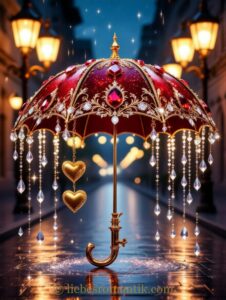 Prächtiger roter Regenschirm mit Kristallen und Herzen reflektiert Laternenlicht.