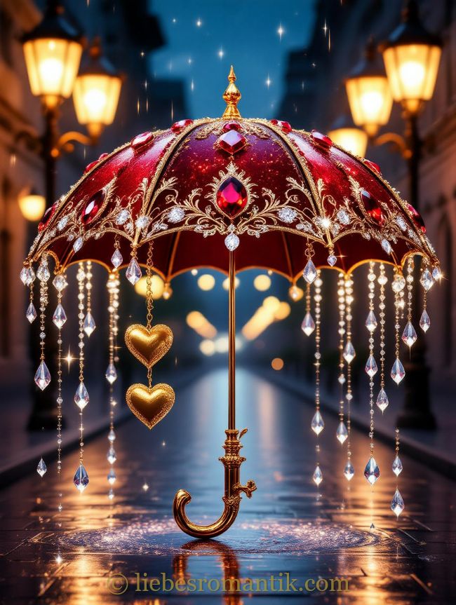 Prächtiger roter Regenschirm mit Kristallen und Herzen reflektiert Laternenlicht.