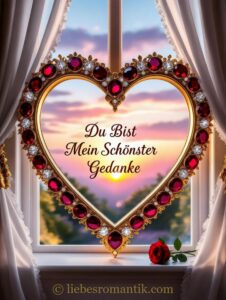 Goldenes Herz mit Edelsteinen umrahmt Sonnenuntergang; rote Rose auf Sims, innere Inschrift „Du Bist Mein Schönster Gedanke“.