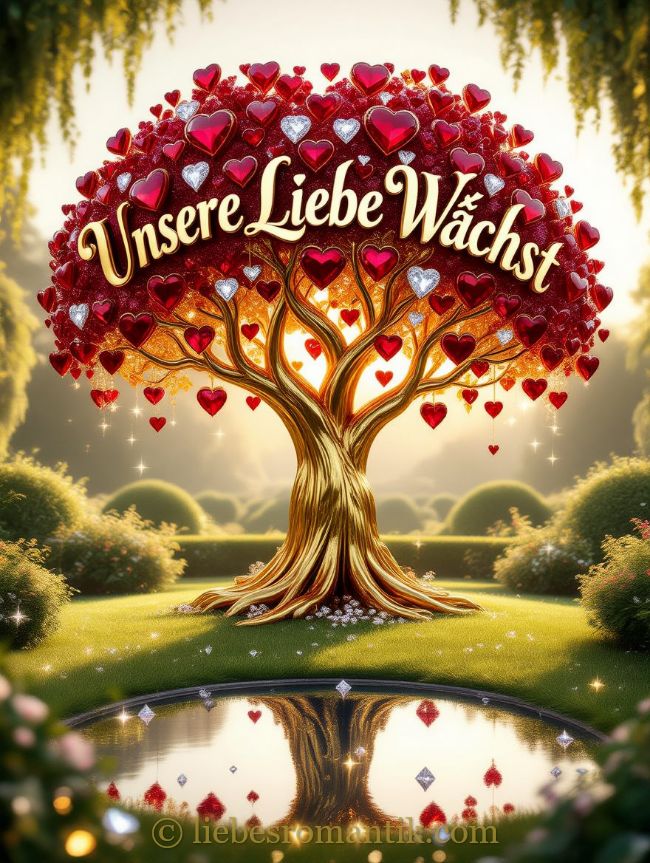 Goldener Baum mit Herzblättern im Garten, Schrift „Unsere Liebe Wächst“