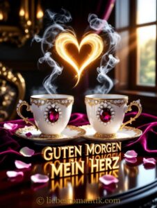 Zwei goldverzierte Teebecher mit Edelsteinen; Dampf bildet ein leuchtendes Herz; romantische Beleuchtung und Rosen.