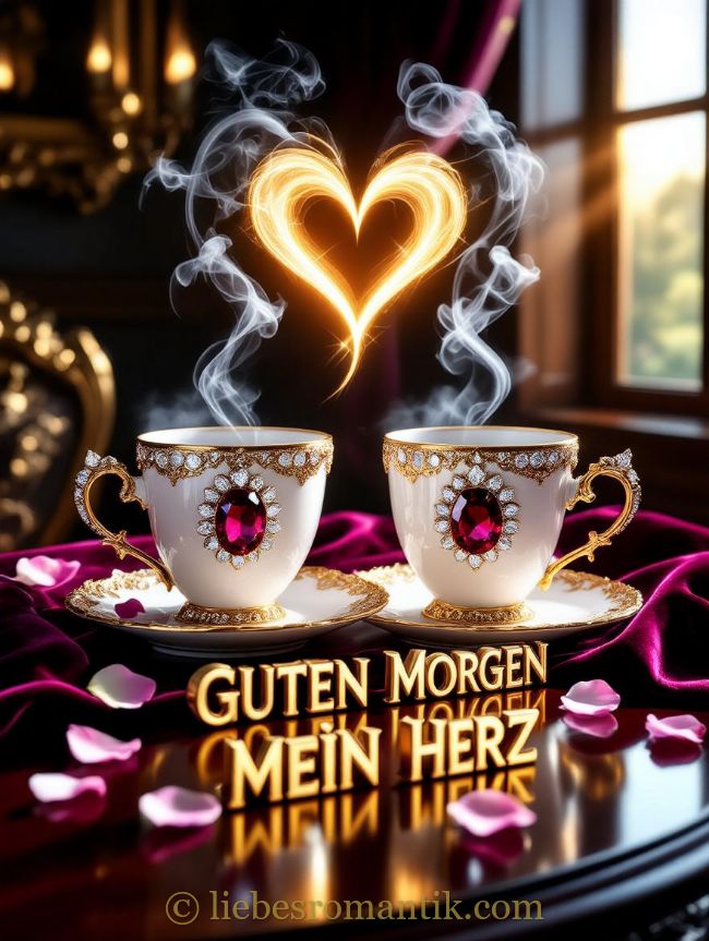 Zwei goldverzierte Teebecher mit Edelsteinen; Dampf bildet ein leuchtendes Herz; romantische Beleuchtung und Rosen.