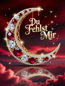Goldener Halbmond mit Edelsteinen und Aufschrift „Du Fehlst Mir“ vor sternklarem rotem Himmel