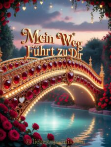 Goldene Brücke mit roten Steinen überspannt einen See, umgeben von Rosen und sternklarem Himmel.