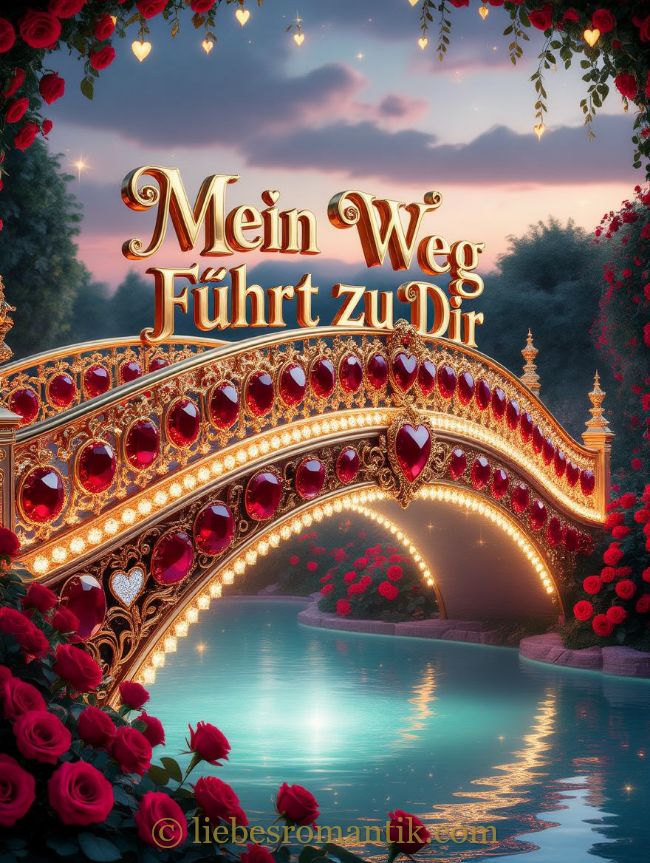 Goldene Brücke mit roten Steinen überspannt einen See, umgeben von Rosen und sternklarem Himmel.