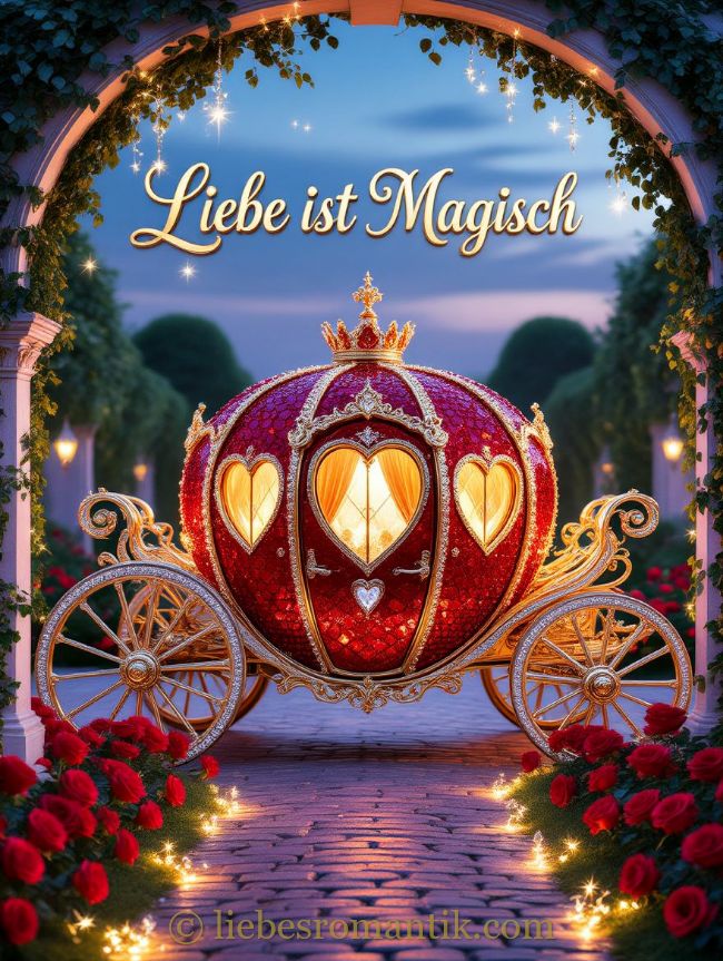 Roter Kutschenwagen mit Herzen, umgeben von Rosen und Lichterketten, sternenklarer Himmel.