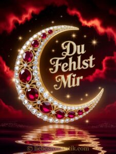 Goldener Halbmond mit Inschrift „Du Fehlst Mir“ vor rotem Himmel, reflektiert im Wasser.
