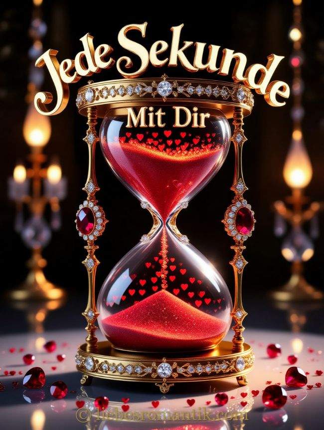 Goldene Sanduhr mit rotem Sand und Herzen, romantisch beleuchtet, Edelsteine umgeben.