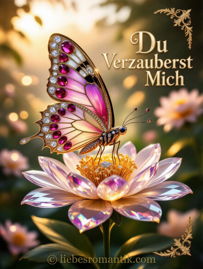 Schmetterling mit Edelsteinen auf leuchtender Lotusblüte, romantisch und magisch