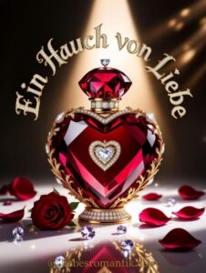 Luxuriöse Herz-Parfümflasche aus rotem Kristall, goldverziert, umgeben von Rosenblättern und Edelsteinen, mit Aufschrift „Ein Hauch von Liebe“.