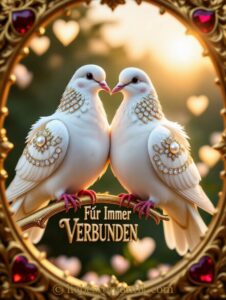 Zwei weiße Tauben mit goldener Federdekoration berühren sich sanft auf einem Ast, umgeben von warmem Sonnenlicht und einem goldenen Herzrahmen.